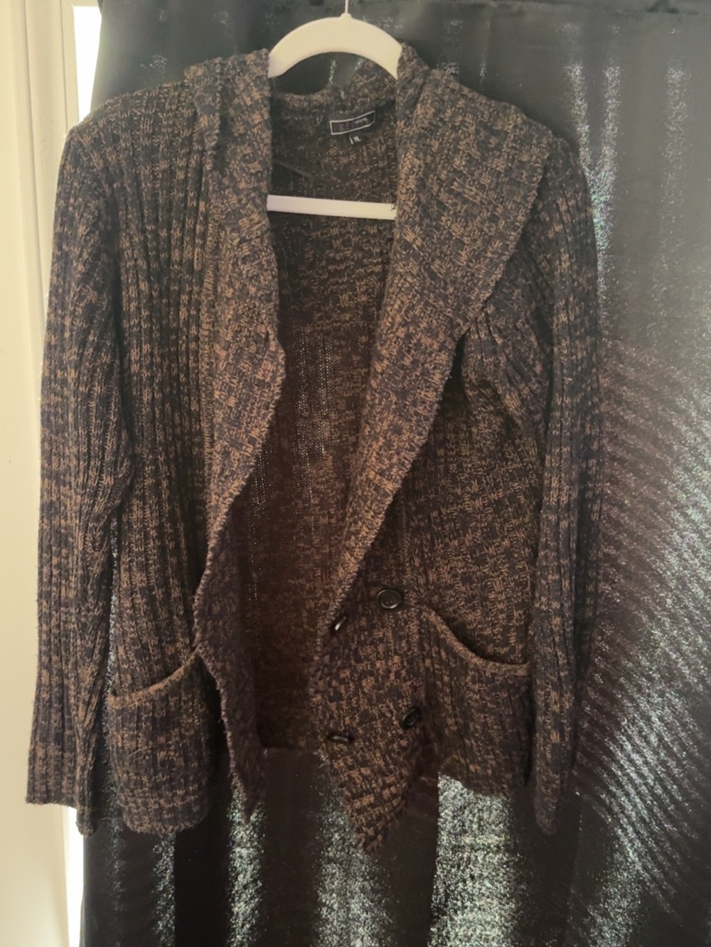 Button-Front Hooded Knit Cardigan Jacket in Brown Heather